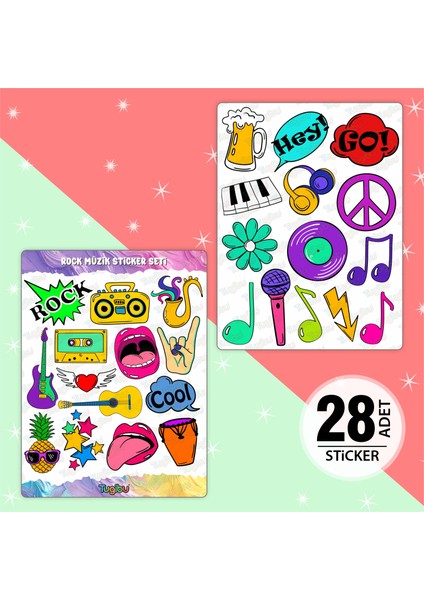 Rock Müzik Sticker Seti, Müzik Temalı Sticker Seti, 28 Adet Rock Etiket