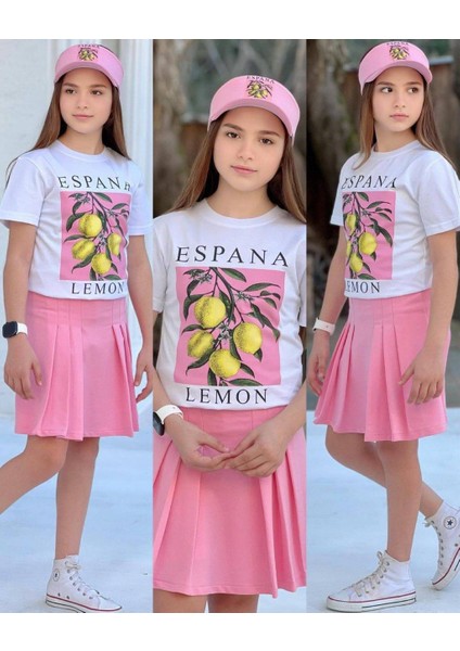 Limon Baskılı Şort Etek Detaylı 3lü Kız Takımlar