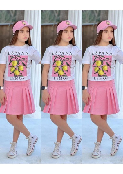 Limon Baskılı Şort Etek Detaylı 3lü Kız Takımlar fiyatları
