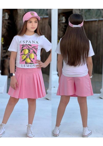Limon Baskılı Şort Etek Detaylı 3lü Kız Takımlar modelleri
