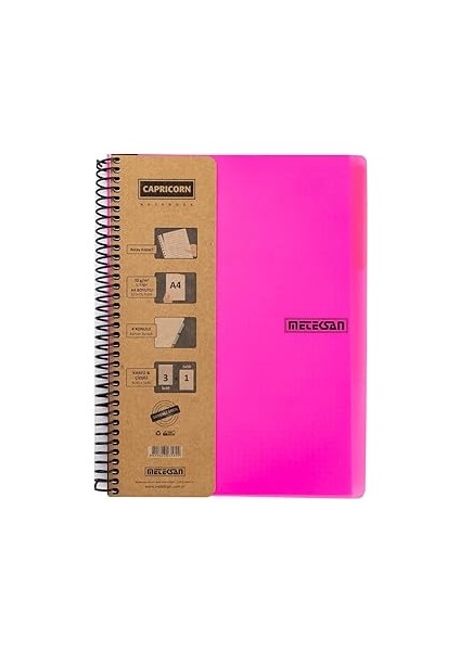 Meteksan Capricorn Neon Serisi, A4, 6 Konulu (3 Kareli, 3 Çizgili) 180 Yaprak Pp Kapaklı Spiralli D