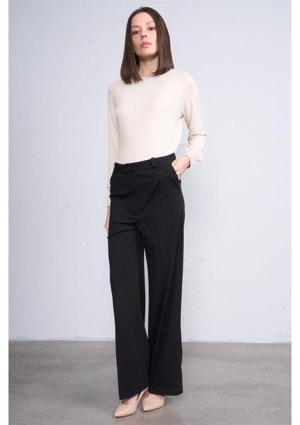 1044 Siyah Kadın Yüksek Bel Bol Paça Palazzo Skuba Likralı Kumaş Pantolon