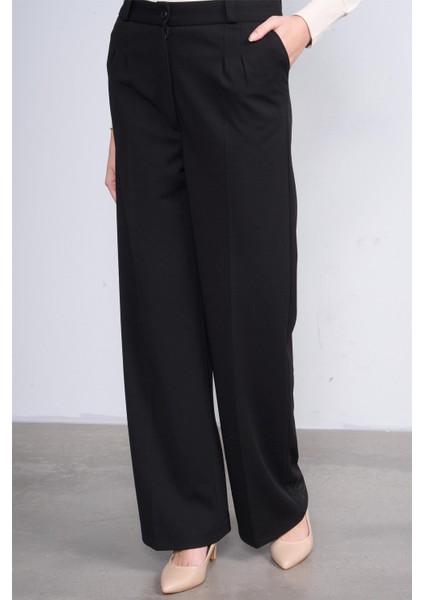 1044 Siyah Kadın Yüksek Bel Bol Paça Palazzo Skuba Likralı Kumaş Pantolon fiyatları