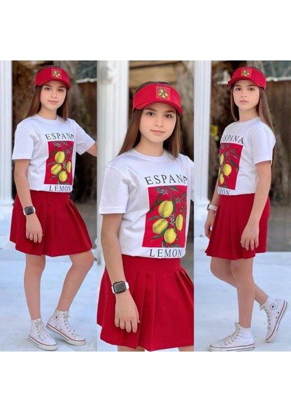 Limon Baskılı Şort Etek Detaylı 3lü Kız Takımlar