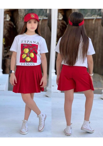 Limon Baskılı Şort Etek Detaylı 3lü Kız Takımlar fiyatları