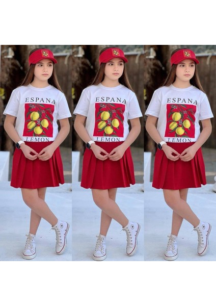Limon Baskılı Şort Etek Detaylı 3lü Kız Takımlar modelleri