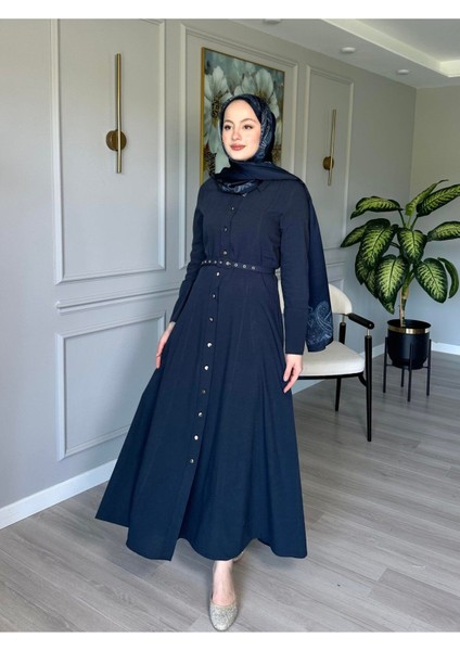 Moi Kemerli Düğmeli Keten Elbise