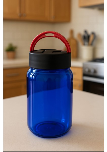 Orta Boy Kapaklı Cam Erzak Kavanozu Saklama Kabı Kulplu ve Kapaklı Mavi Cam Kavanoz 19 cm 1 Litre