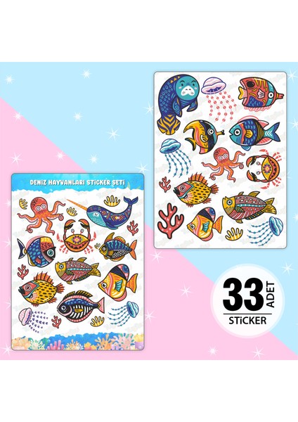 Deniz Canlıları Sticker Seti, Balık ve Ahtapot Sticker Seti, Balıkçı ve Av Temalı Sticker, 33 Adet Deniz Canlıları Etiket
