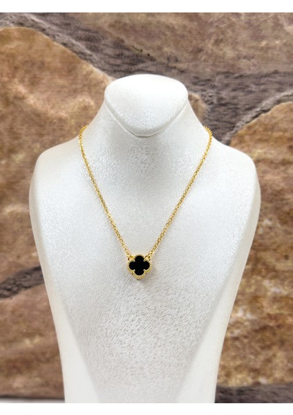 Gold Renk Siyah Onix Taşlı Yonca Kadın Gümüş Kolye - Onix Kolye