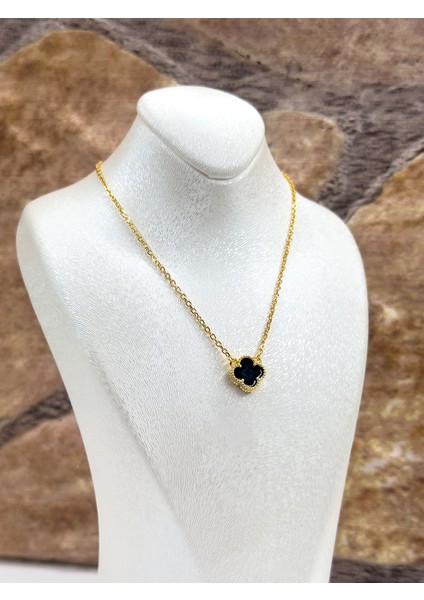 Gold Renk Siyah Onix Taşlı Yonca Kadın Gümüş Kolye - Onix Kolye fiyatları