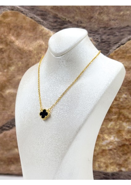 Gold Renk Siyah Onix Taşlı Yonca Kadın Gümüş Kolye - Onix Kolye modelleri