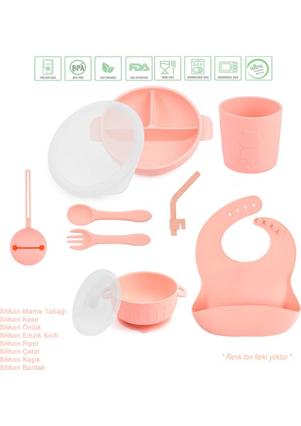 Silikon Beslenme Seti Vakumlu Silikon Mama Tabağı Ve Kasesi, Silikon Çatal-kaşık, Bardak /pembe