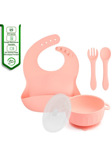 Silikon Beslenme Seti Vakumlu Silikon Mama Tabağı Ve Kasesi, Silikon Çatal-kaşık, Bardak /pembe