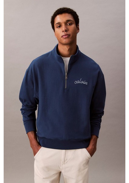 Erkek Yarım Fermuarlı Logolu Sweatshirt - Mavi