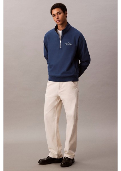 Erkek Yarım Fermuarlı Logolu Sweatshirt - Mavi modelleri