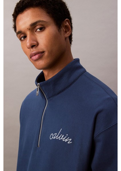 Erkek Yarım Fermuarlı Logolu Sweatshirt - Mavi fırsatları