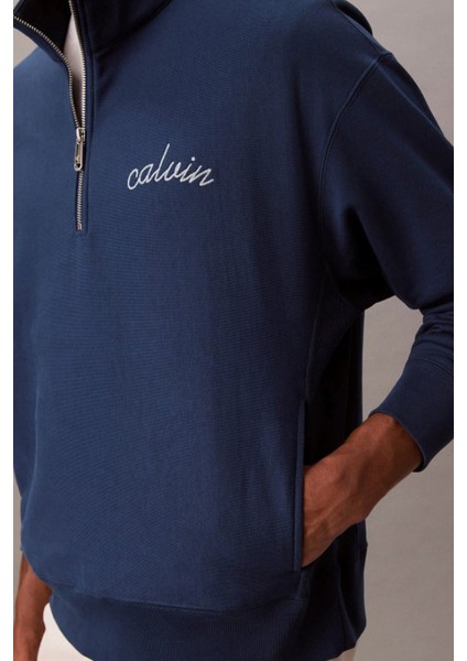 Erkek Yarım Fermuarlı Logolu Sweatshirt - Mavi indirimleri