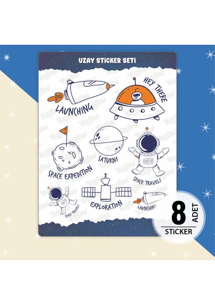Uzay Sticker Seti, Astronot Sticker, 8 Adet Uzay Etiket