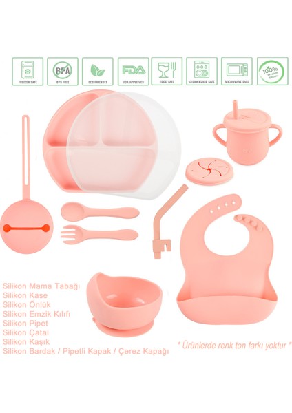 Silikon Beslenme Seti Mama Tabağı, Kase, Pipet, Önlük, Çatal-kaşık, Bardak, Emzik Kılıfı / Pembe