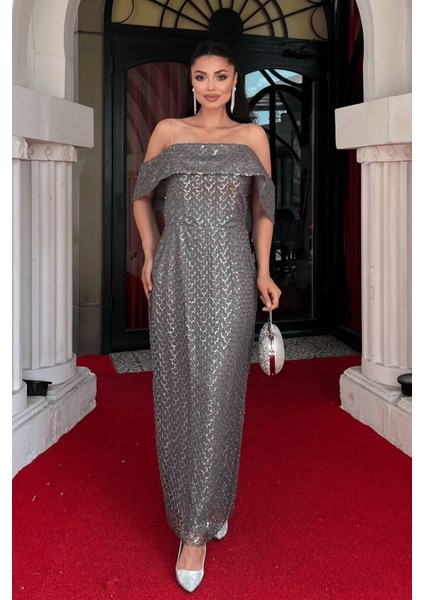 Boncuklu Tül Kumaş Straplez Kalem Elbise - Gri