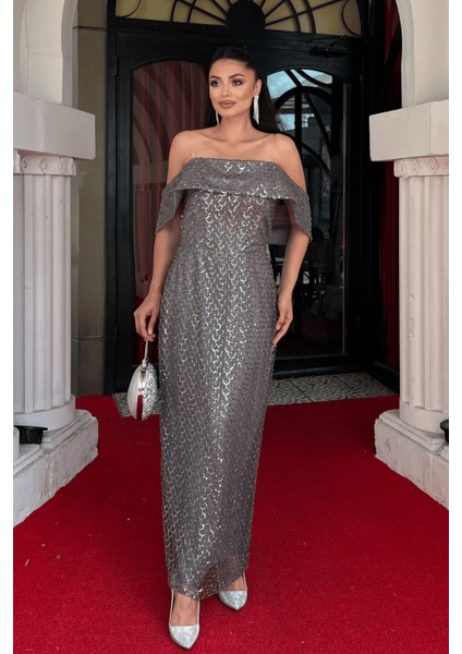 Boncuklu Tül Kumaş Straplez Kalem Elbise - Gri fiyatları