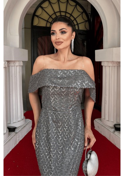 Boncuklu Tül Kumaş Straplez Kalem Elbise - Gri modelleri