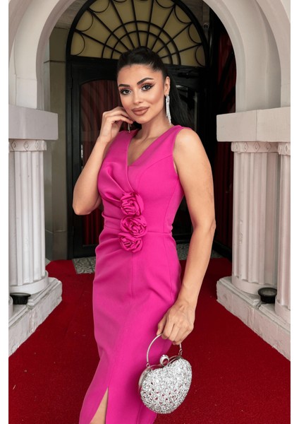 Atlas Kumaş Gül Detaylı Kalem Elbise - Fuşya fırsatları