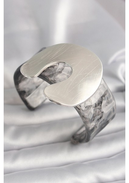 Bfs Siyah Mermer Desen Akrilik Plaka Vintage Kadın Bilezik