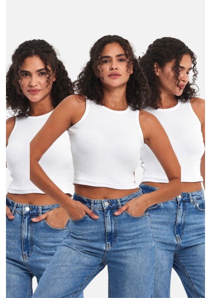 Fitilli Siyah Crop Halter Yaka Sıfır Kol Pamuklu 3'lü Kadın Atlet
