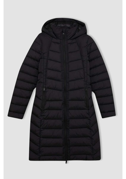 Fit Su İtici Slim Fit Dar Kesim Kapüşonlu Kapitoneli Fermuarlı Cepli Uzun Şişme Mont Parka A1556AX24WN