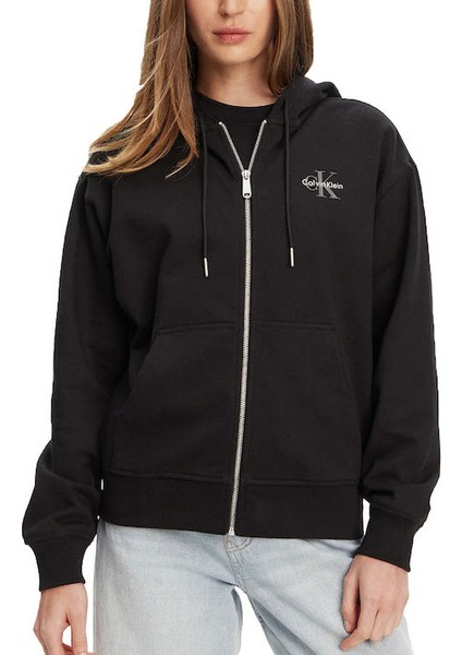 Kadın Boyfriend Fit Kapüşonlu Fermuarlı Sweatshirt - Siyah