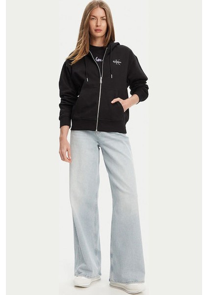 Kadın Boyfriend Fit Kapüşonlu Fermuarlı Sweatshirt - Siyah modelleri