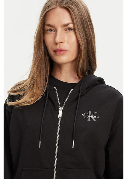 Kadın Boyfriend Fit Kapüşonlu Fermuarlı Sweatshirt - Siyah fırsatları