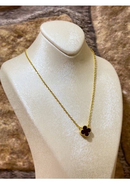 Gold Renk Bordo Onix Taşlı Yonca Kadın Gümüş Kolye