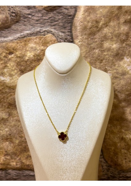 Gold Renk Bordo Onix Taşlı Yonca Kadın Gümüş Kolye modelleri