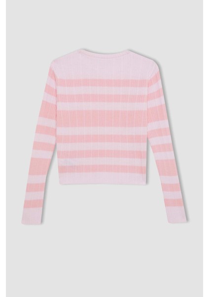 Kız Çocuk Pembe Çizgili Standart Fit Bisiklet Yaka Dar Triko Kazak C6974A824AU