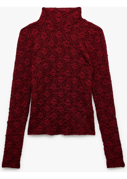 Slim Fit Uzun Kollu Dik Yaka Floral Dokulu Dantelli Bluz