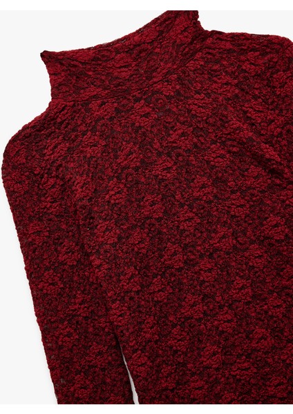 Slim Fit Uzun Kollu Dik Yaka Floral Dokulu Dantelli Bluz modelleri