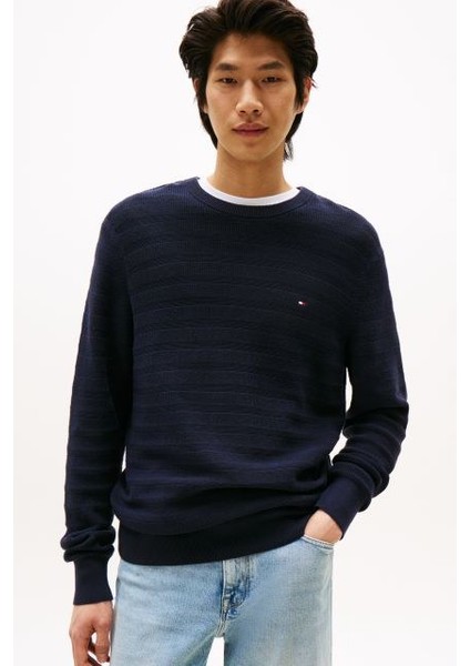 Erkek Dokulu Çizgili Bisiklet Yaka Triko Kazak - Lacivert