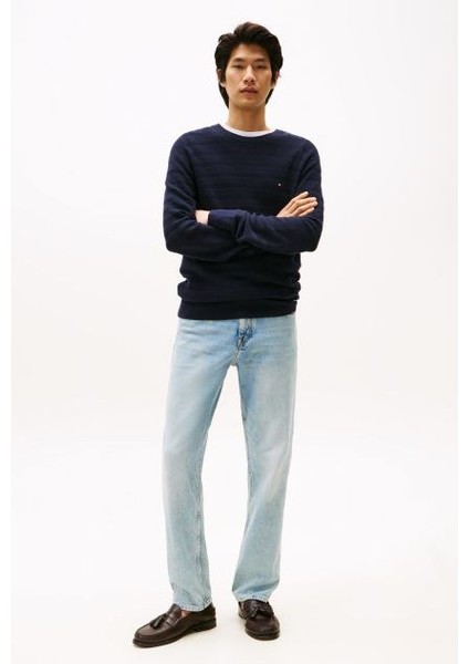 Erkek Dokulu Çizgili Bisiklet Yaka Triko Kazak - Lacivert fiyatları