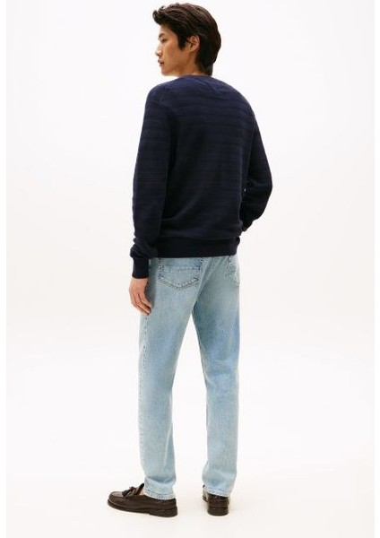 Erkek Dokulu Çizgili Bisiklet Yaka Triko Kazak - Lacivert modelleri