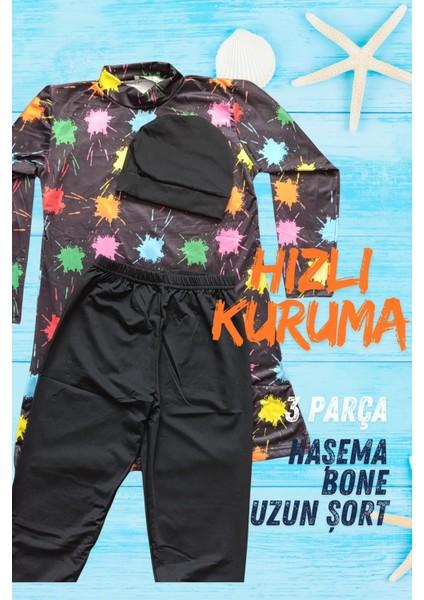 Boneli 3 Parça Desenli Mayo Bone Tayt Şort Hızlı Kuruma Özellikli Kız Çocuk Mayo modelleri