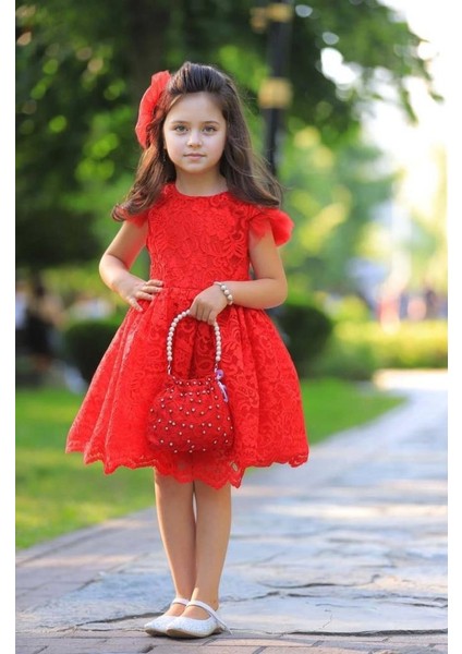 Kız Çocuk Üzeri Boydan Dantel Güpür Işlemeli Şeffaf Tüllü Sıfır Kol Kırmızı Elbise