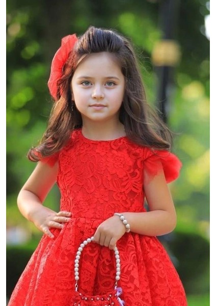 Kız Çocuk Üzeri Boydan Dantel Güpür Işlemeli Şeffaf Tüllü Sıfır Kol Kırmızı Elbise fiyatları