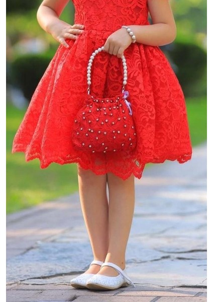 Kız Çocuk Üzeri Boydan Dantel Güpür Işlemeli Şeffaf Tüllü Sıfır Kol Kırmızı Elbise modelleri