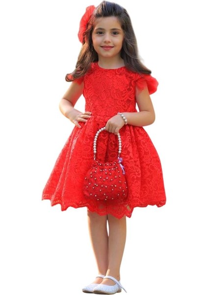 Kız Çocuk Üzeri Boydan Dantel Güpür Işlemeli Şeffaf Tüllü Sıfır Kol Kırmızı Elbise fırsatları