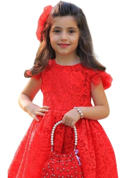 Kız Çocuk Üzeri Boydan Dantel Güpür Işlemeli Şeffaf Tüllü Sıfır Kol Kırmızı Elbise indirimleri