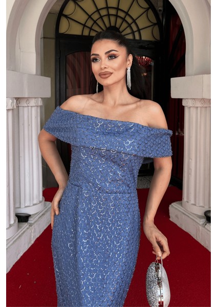 Boncuklu Tül Kumaş Straplez Kalem Elbise - Indigo Mavi fırsatları