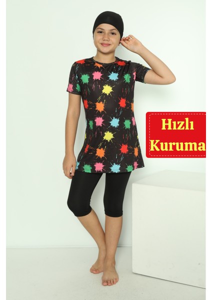 Boneli 3 Parça Desenli Mayo Bone Tayt Şort Hızlı Kuruma Özellikli Kız Çocuk Mayo